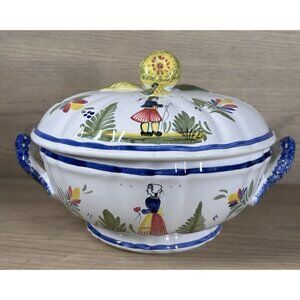 Vtg Henriot Quimper FRANCE Belly Tureen Covered Handled Braton Man Woman Breton